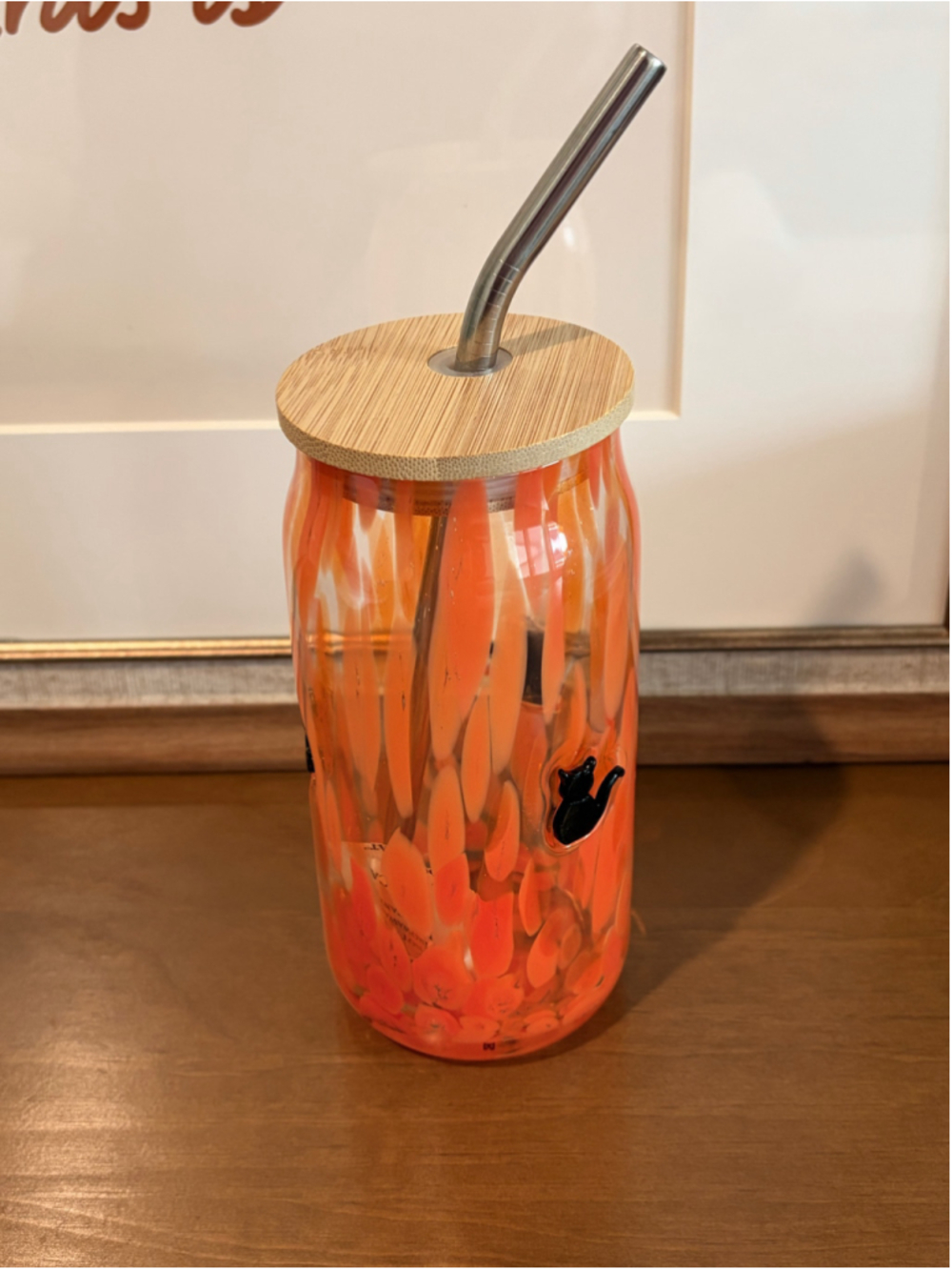 Anthropologie Mystic 25 Icon "Cat" Orange Swirl Glass Tumbler with Bamboo Lid